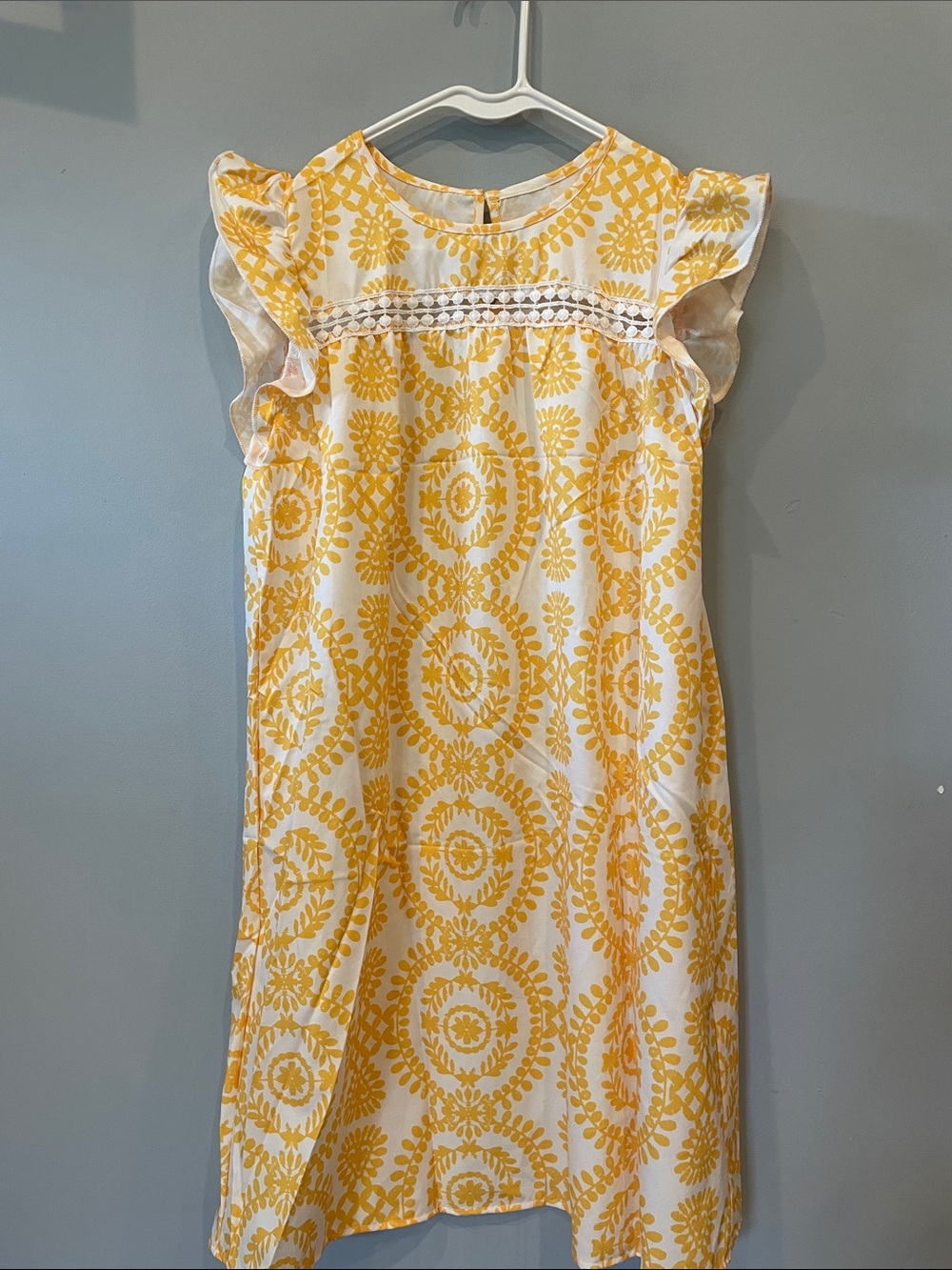 Yellow Patterned Flutter Sleeve Dress size medium